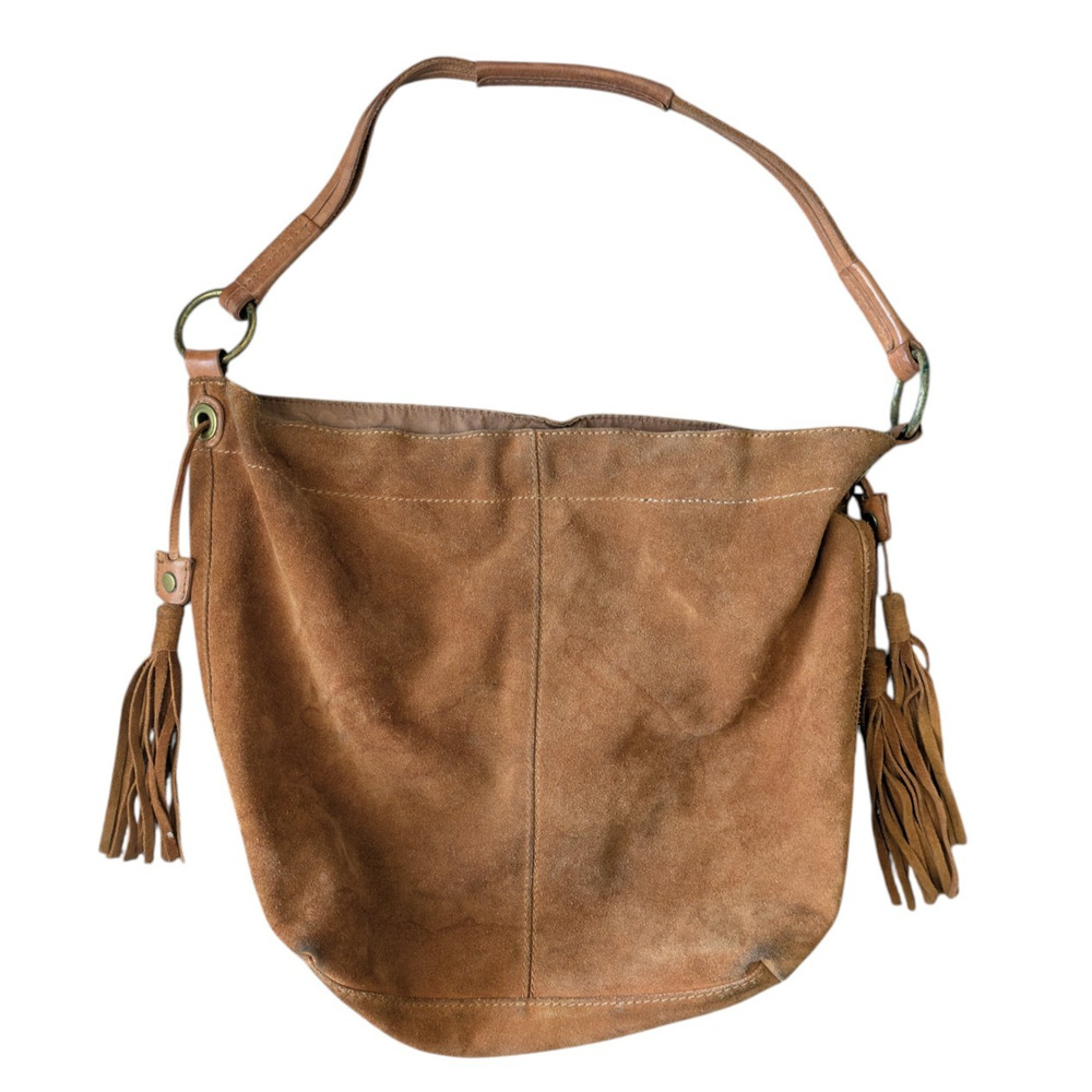 Y2K Lucky Brand Brown Suede Large Hobo Bag Fringe Tassels Vintage Inspired